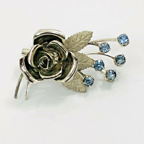 Unbranded Jewelry - Vintage Rose Brooch Blue Rhinestone Lapel Pin Spray Silver Tone Flower
